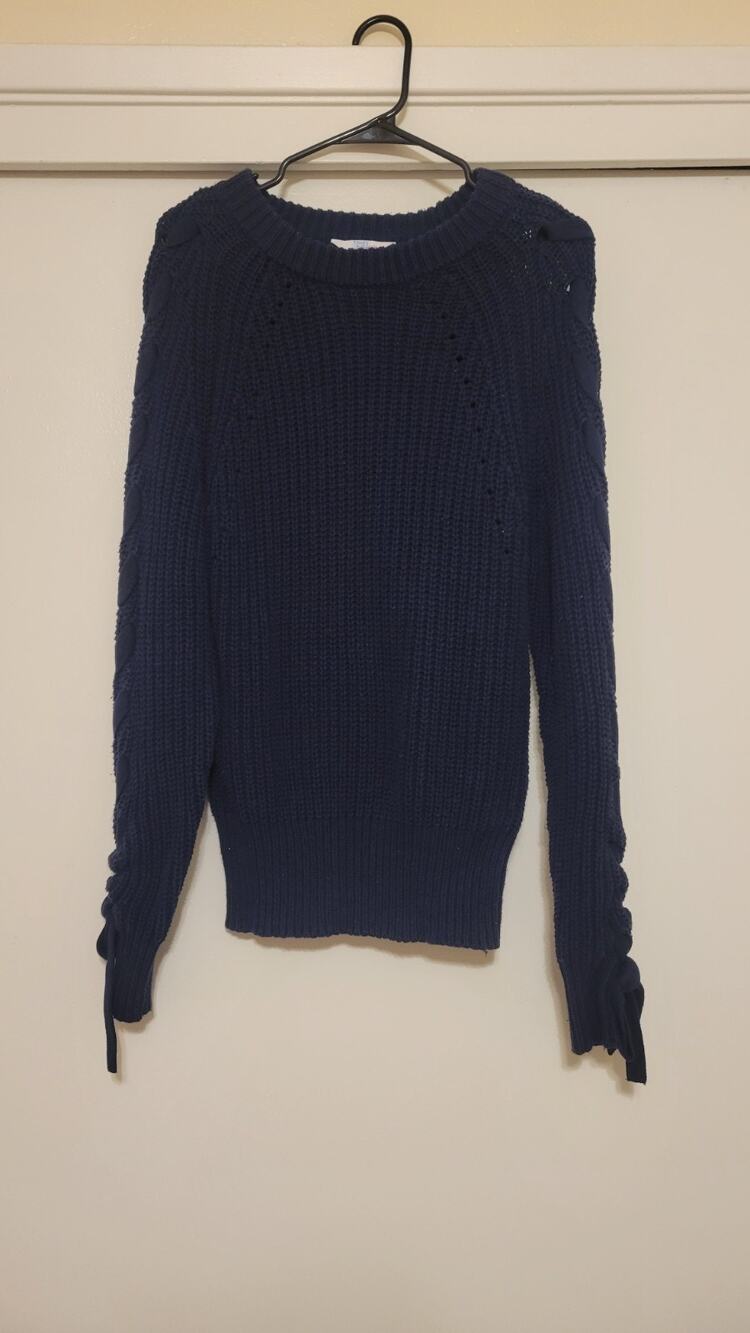 Time and Tru Womens M Blue Chunky Knit Sweater Lace Up Sleeve Cotton Blend